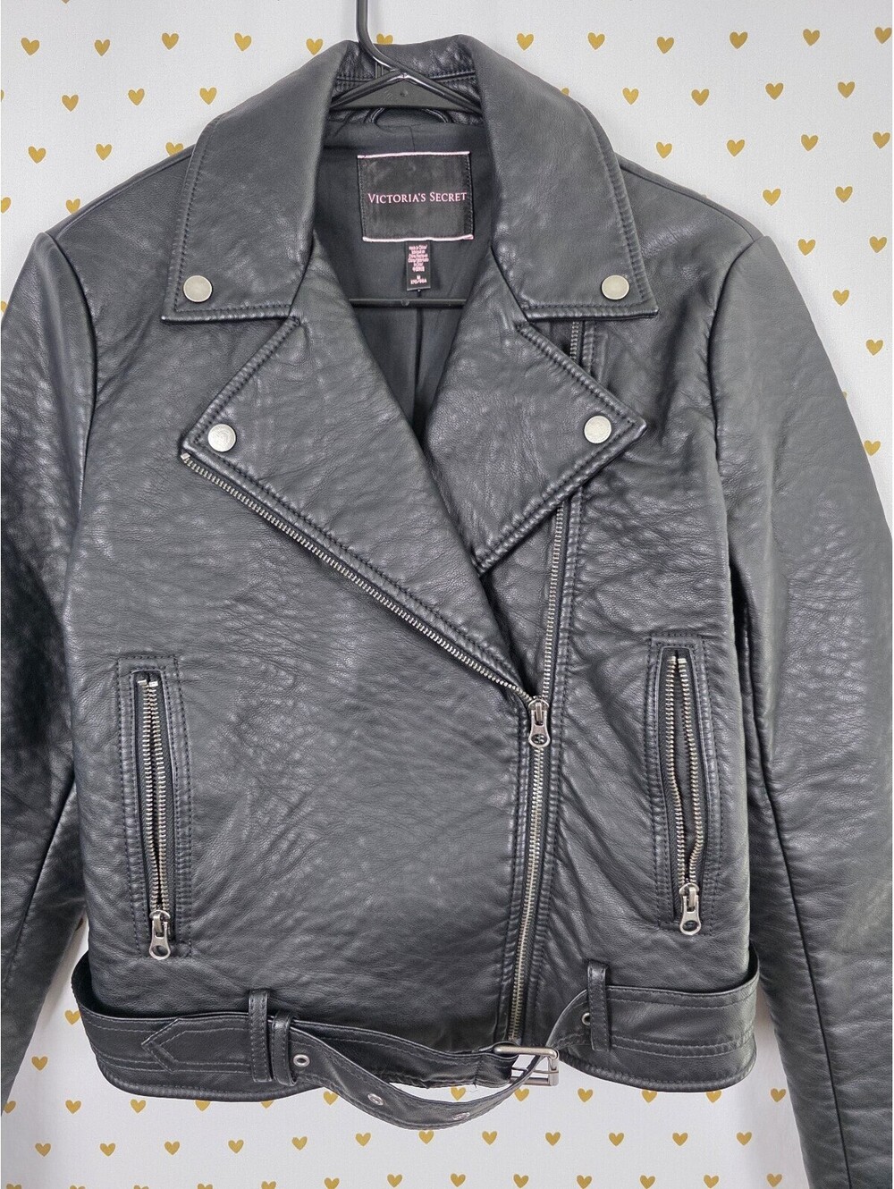 Victoria's Secret Black Faux Leather Pebbled Moto Biker Jacket Belted M